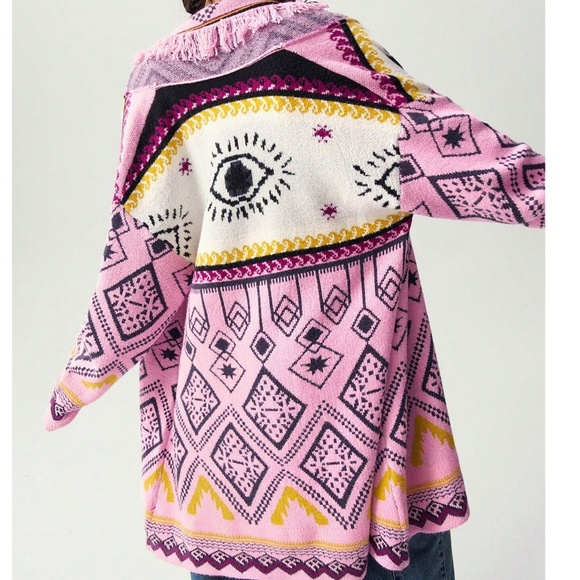 Cozy Pink Blessed Eye Geo Print Fringe Open Front Cardigan - Picture 4 of 6
